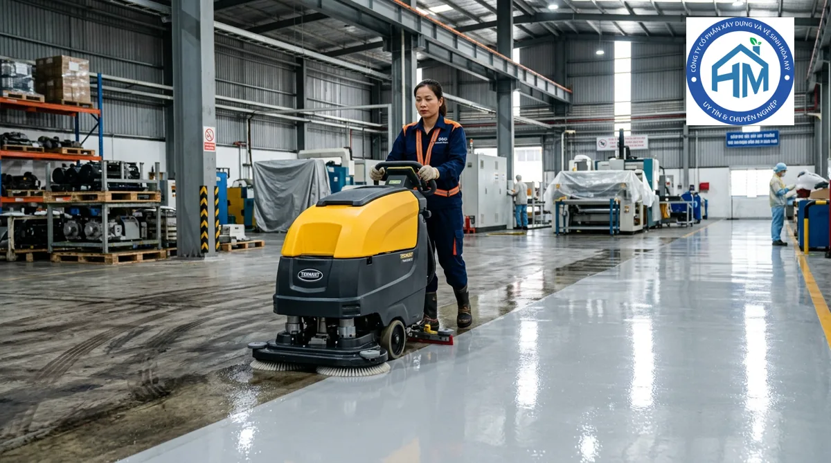 Kỹ thuật viên HOAMYCARE sử dụng máy chà sàn liên hợp làm sạch sàn Epoxy nhà xưởng