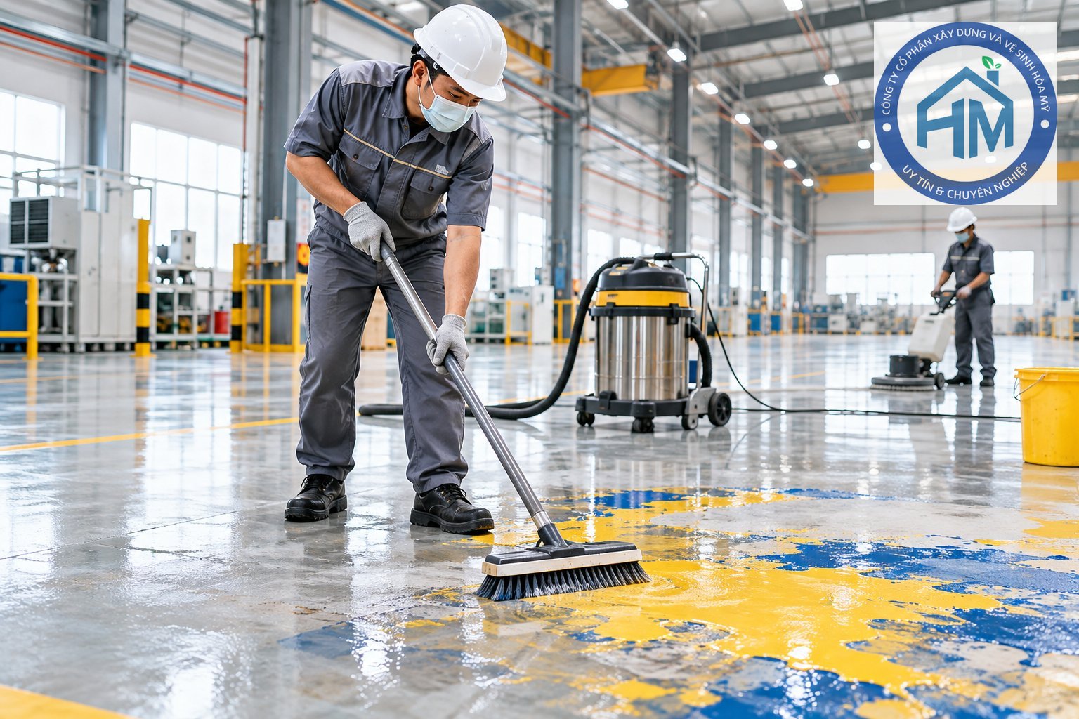 Ảnh minh hoạ: Làm sạch sơn bám trên sàn nhà xưởng an toàn