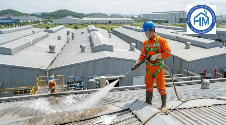 Kỹ thuật viên HOAMYCARE vệ sinh mái nhà xưởng chuyên nghiệp bằng vòi phun áp lực cao