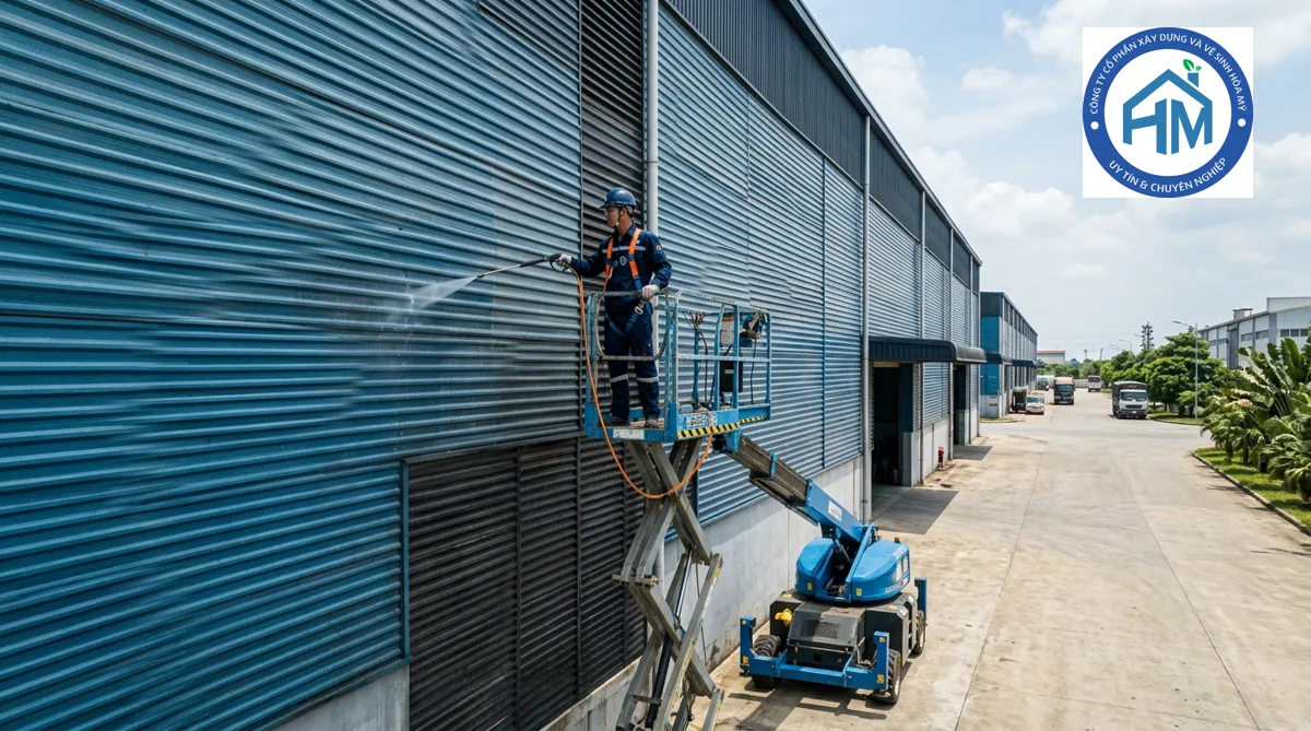 Xe nâng người cắt kéo hỗ trợ vệ sinh vách tôn nhà xưởng và quét mạng nhện tường