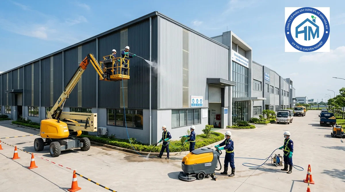Đội ngũ HOAMYCARE thi công làm sạch vách tôn kho xưởng tại nhà máy công nghiệp