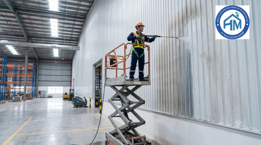 Kỹ thuật viên HOAMYCARE sử dụng xe nâng người vệ sinh vách tôn và mái tôn nhà xưởng tại Hà Nội