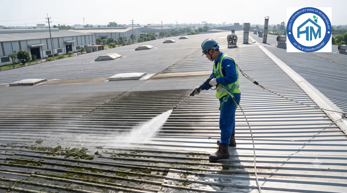 Phun rửa áp lực cao làm sạch rêu mốc rác bám trên mái tôn nhà xưởng công nghiệp
